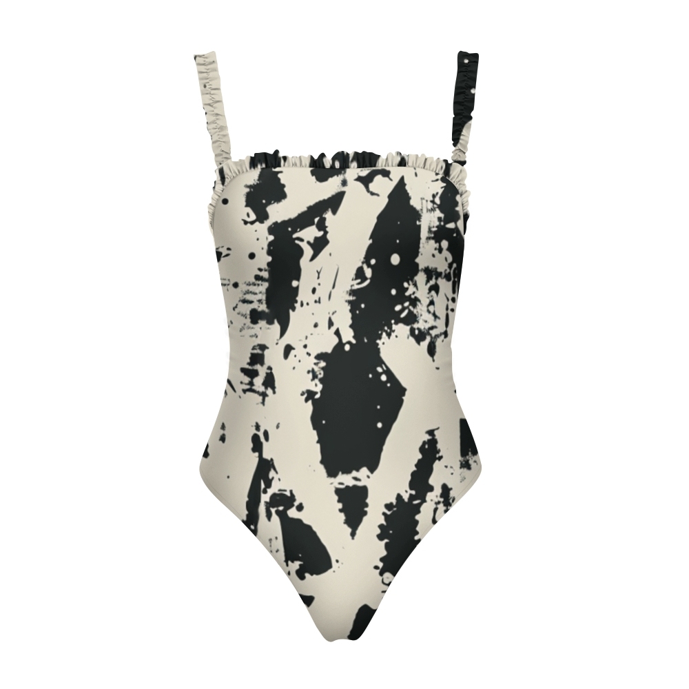 Women’s Abstract Black and White One Piece Swimsuit with Ruffled Straps