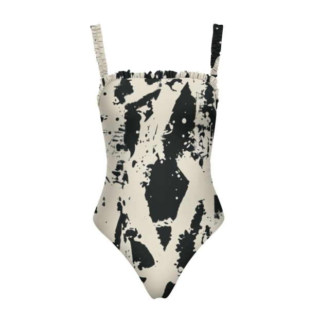 Women’s Abstract Black and White One Piece Swimsuit with Ruffled Straps