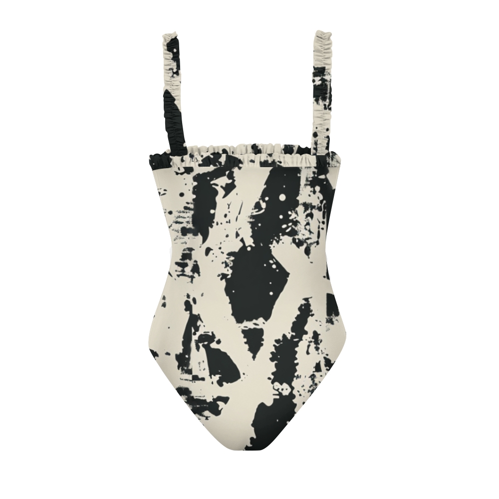 Women’s Abstract Black and White One Piece Swimsuit with Ruffled Straps