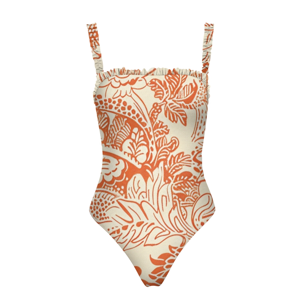 Women's Elegant Floral One Piece Swimsuit Cream Base with Orange Botanical Print