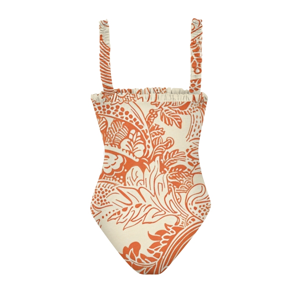 Women's Elegant Floral One Piece Swimsuit Cream Base with Orange Botanical Print
