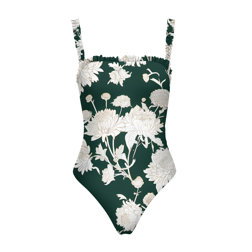 Women’s Dark Green Floral One Piece Swimsuit with Ruffled Straps and High Cut Legs