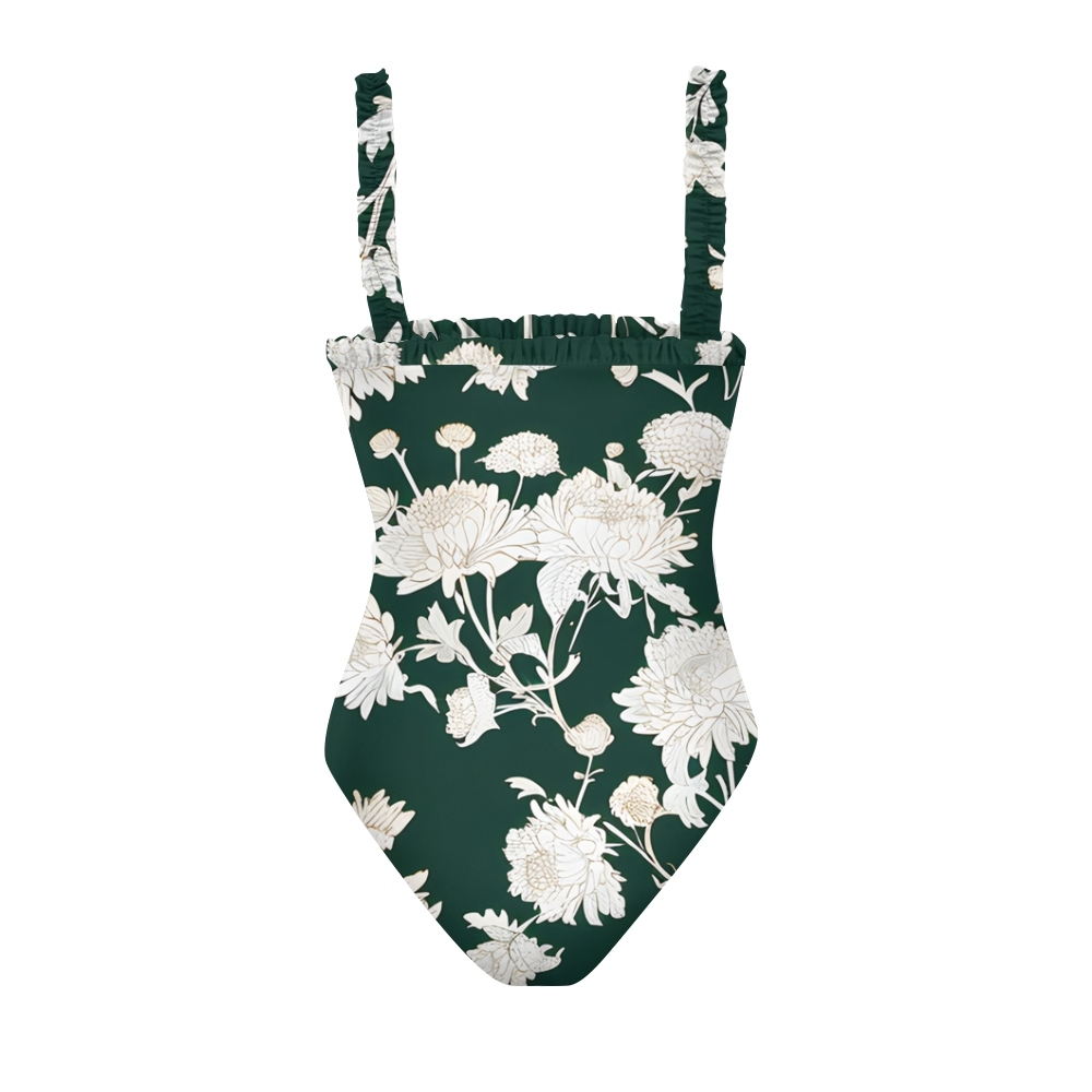 Women’s Dark Green Floral One Piece Swimsuit with Ruffled Straps and High Cut Legs