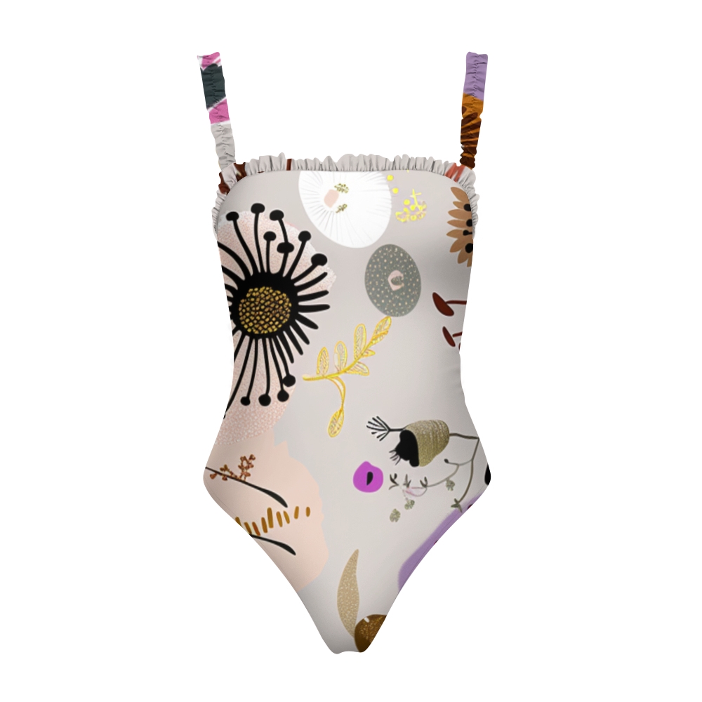 Women’s Artistic Floral One Piece Swimsuit with Multicolor Ruffled Straps