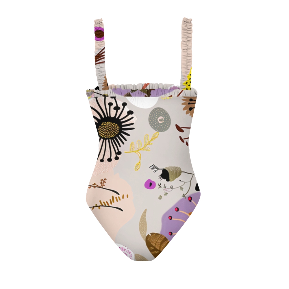 Women’s Artistic Floral One Piece Swimsuit with Multicolor Ruffled Straps