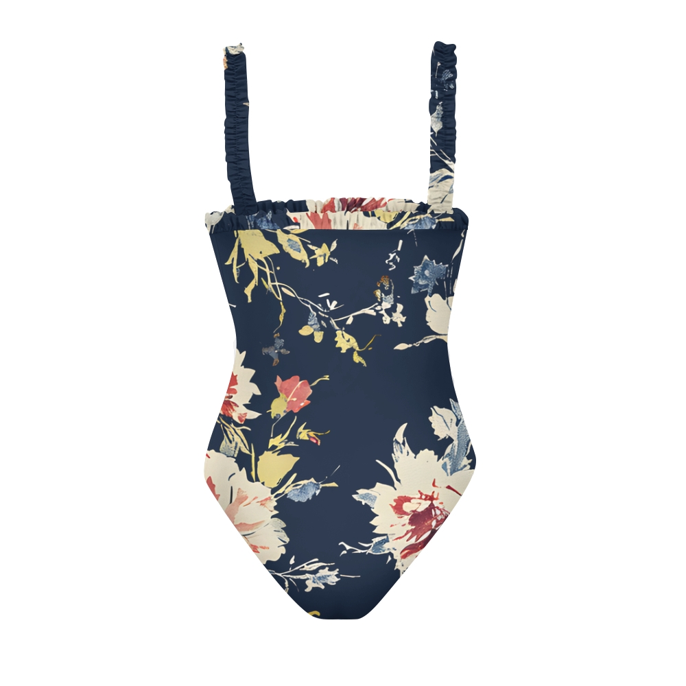 Women’s Navy Floral One Piece Swimsuit with Multicolor Ruffled Straps