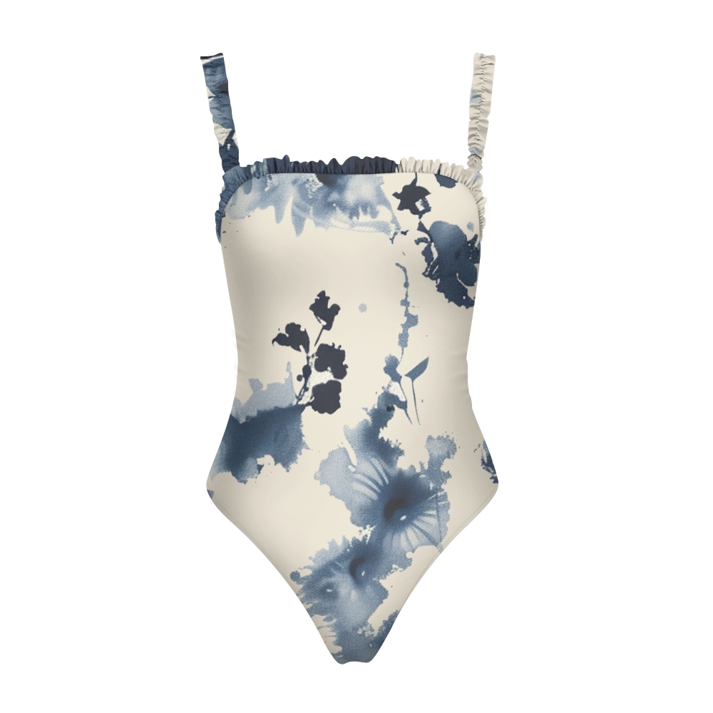 Women’s Blue Watercolor Floral One Piece Swimsuit with Ruffled Straps