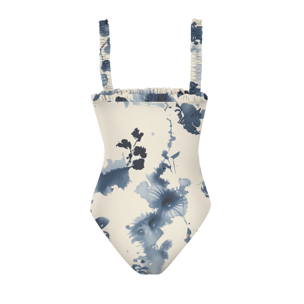 Women’s Blue Watercolor Floral One Piece Swimsuit with Ruffled Straps