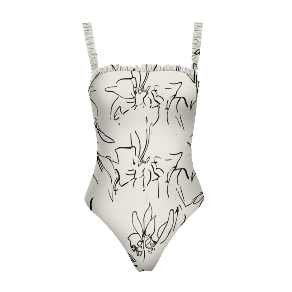 Women’s Abstract Floral Line Art One Piece Swimsuit with Ruffled Straps