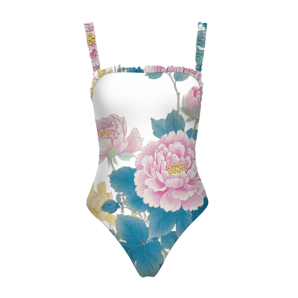 Women’s Peony Print One Piece Swimsuit with Ruffled Straps and White Base