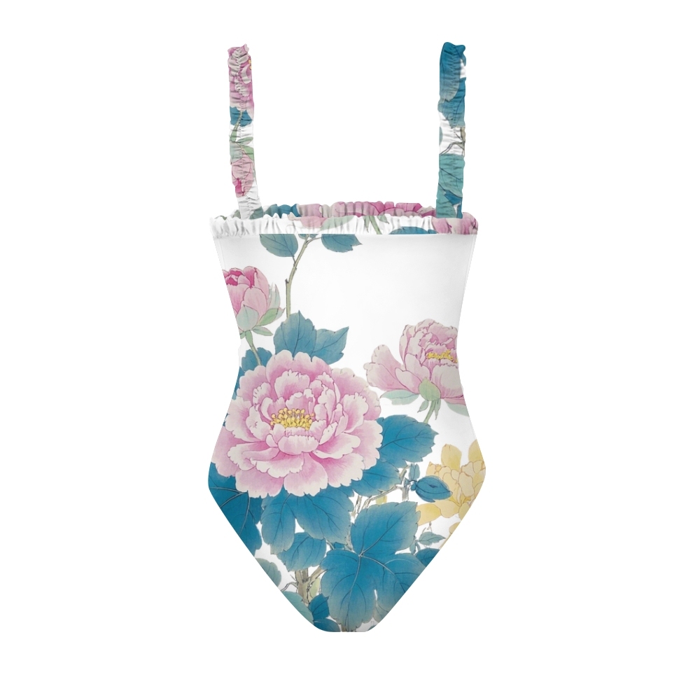 Women’s Peony Print One Piece Swimsuit with Ruffled Straps and White Base