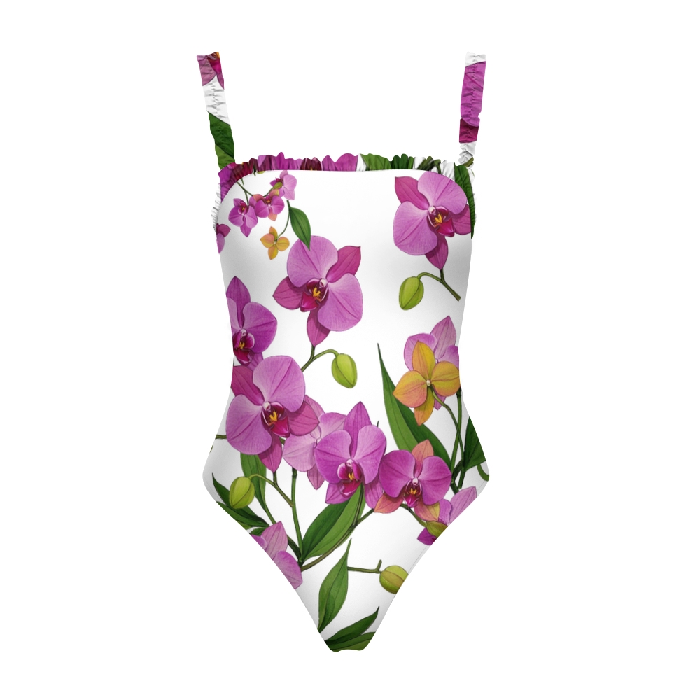Women’s Orchid Print One Piece Swimsuit with Ruffled Straps and White Base