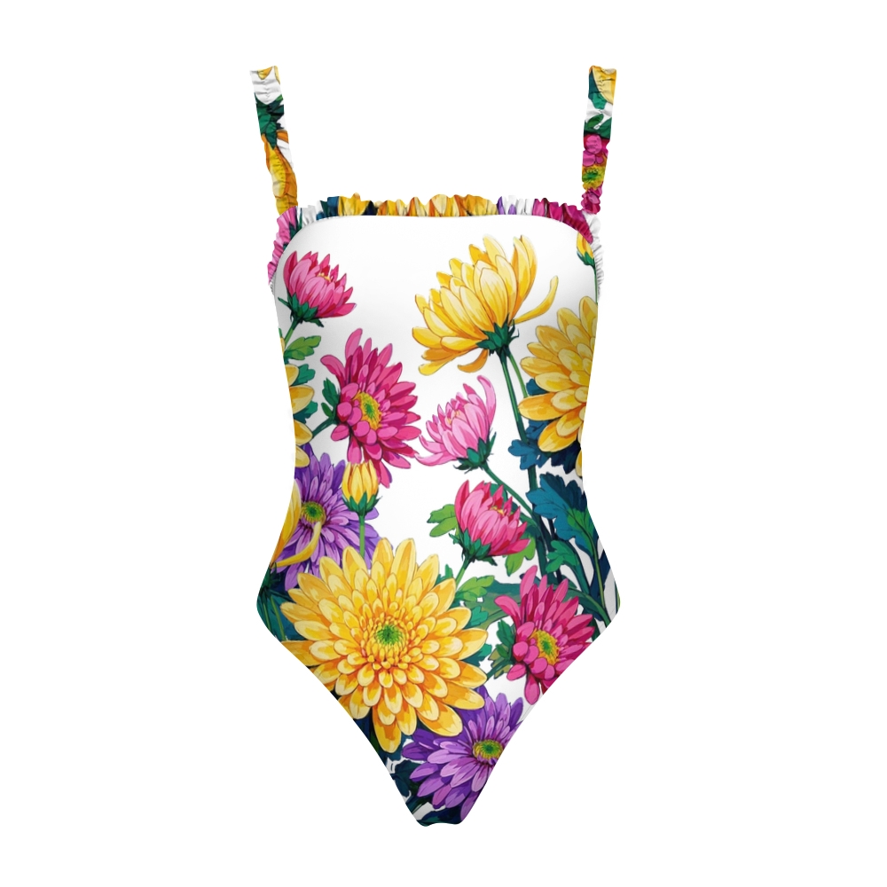 Women’s Colorful Floral One Piece Swimsuit with Ruffled Straps and White Base