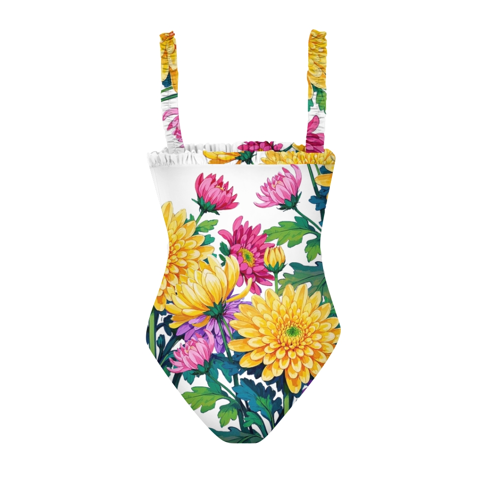 Women’s Colorful Floral One Piece Swimsuit with Ruffled Straps and White Base