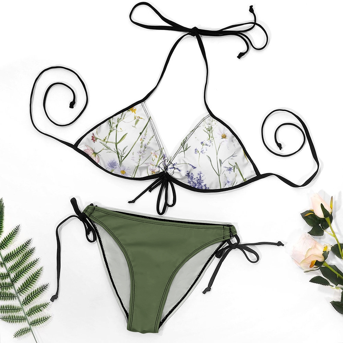Women's Floral Halter Bikini Set with Olive Green Tie Side Bottoms