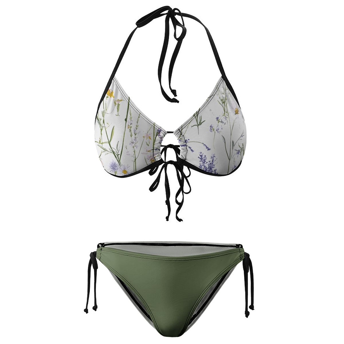 Women's Floral Halter Bikini Set with Olive Green Tie Side Bottoms