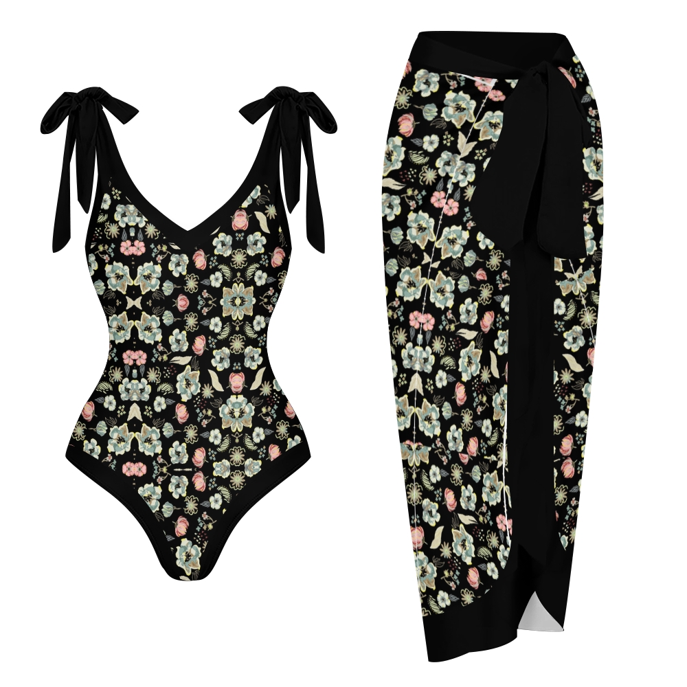 Women’s Black Floral Swimsuit & Wrap Skirt Set with Bow Straps and Vintage Vibes