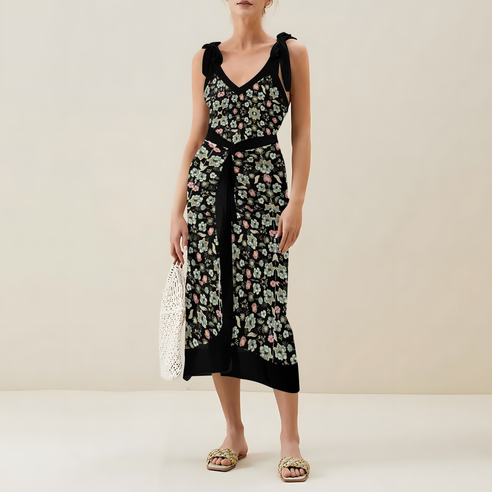 Women’s Black Floral Swimsuit & Wrap Skirt Set with Bow Straps and Vintage Vibes