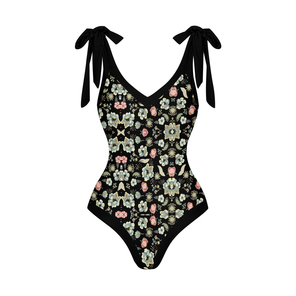 Women’s Black Floral Swimsuit & Wrap Skirt Set with Bow Straps and Vintage Vibes