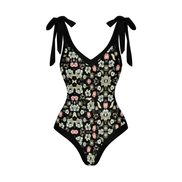 Women’s Black Floral Swimsuit & Wrap Skirt Set with Bow Straps and Vintage Vibes