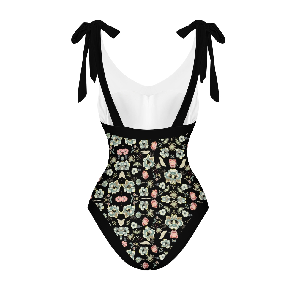 Women’s Black Floral Swimsuit & Wrap Skirt Set with Bow Straps and Vintage Vibes