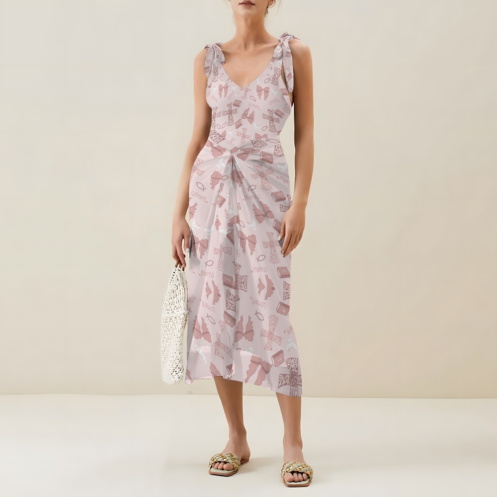 Spiritual Beachwear Set with Deep V Swimsuit and Matching Sarong in Soft Pink Tones