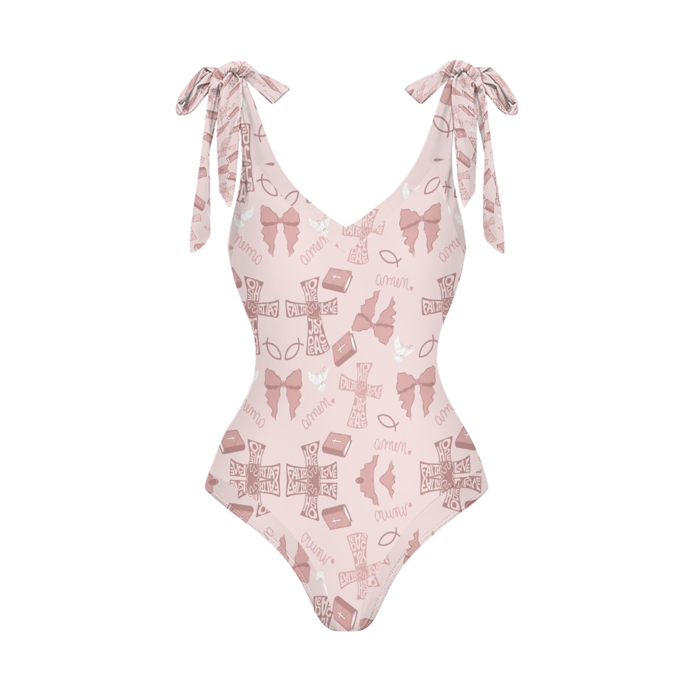 Spiritual Beachwear Set with Deep V Swimsuit and Matching Sarong in Soft Pink Tones