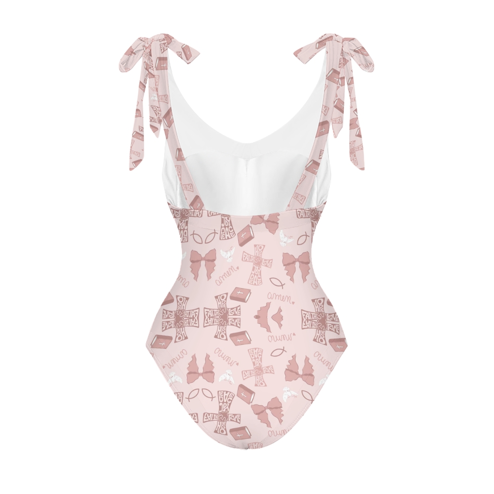 Spiritual Beachwear Set with Deep V Swimsuit and Matching Sarong in Soft Pink Tones