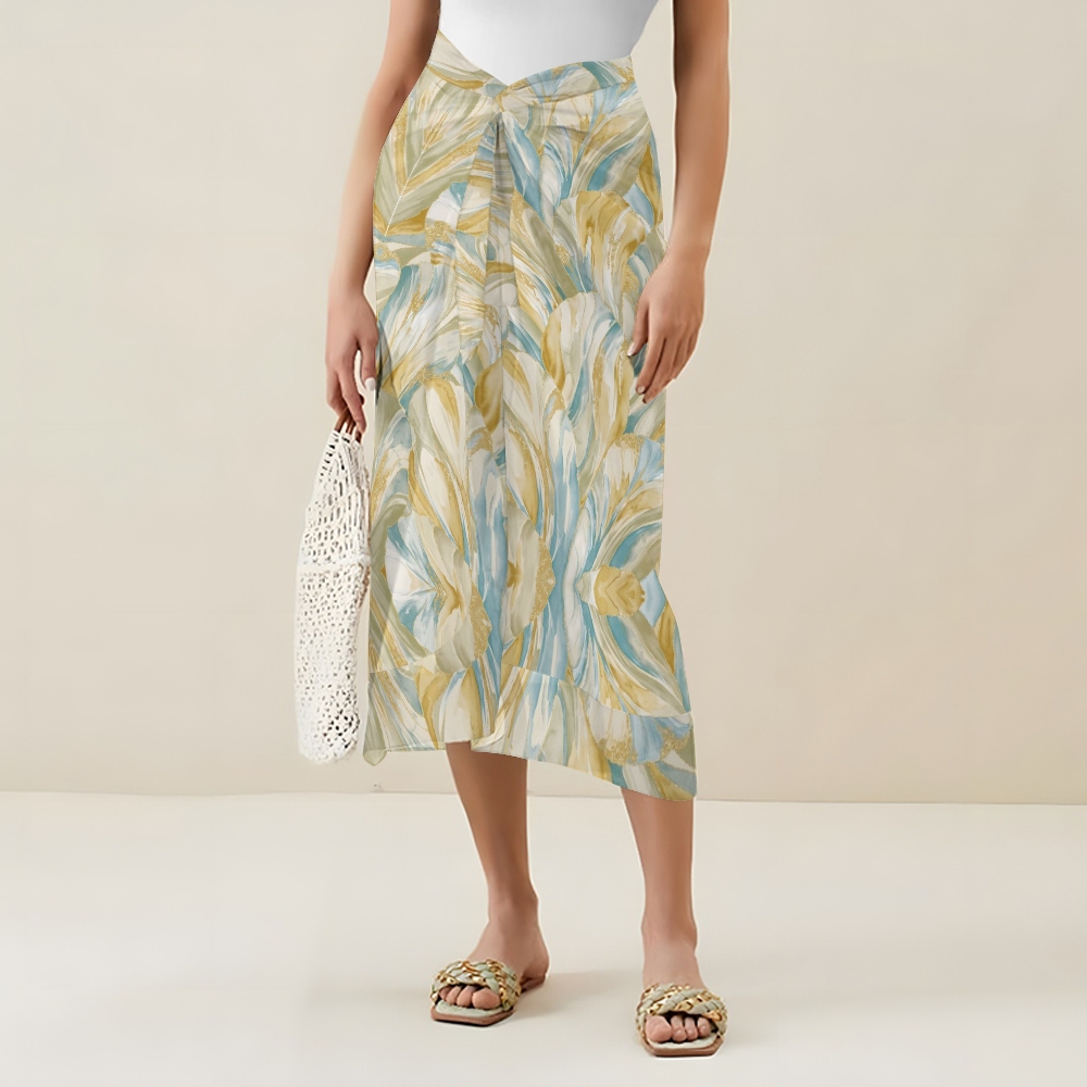 Elegant Two-Piece Beachwear Set with Deep V Swimsuit and Matching Sarong Skirt