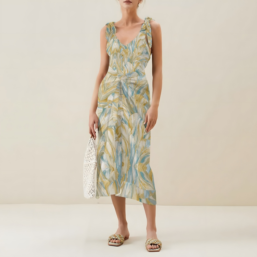 Elegant Two-Piece Beachwear Set with Deep V Swimsuit and Matching Sarong Skirt