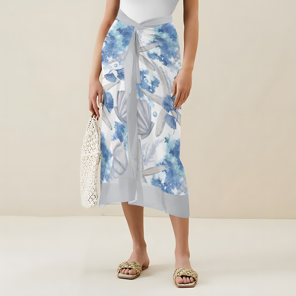 Women’s Ocean-Themed Swimsuit & Wrap Skirt Set with Seashell and Starfish Print