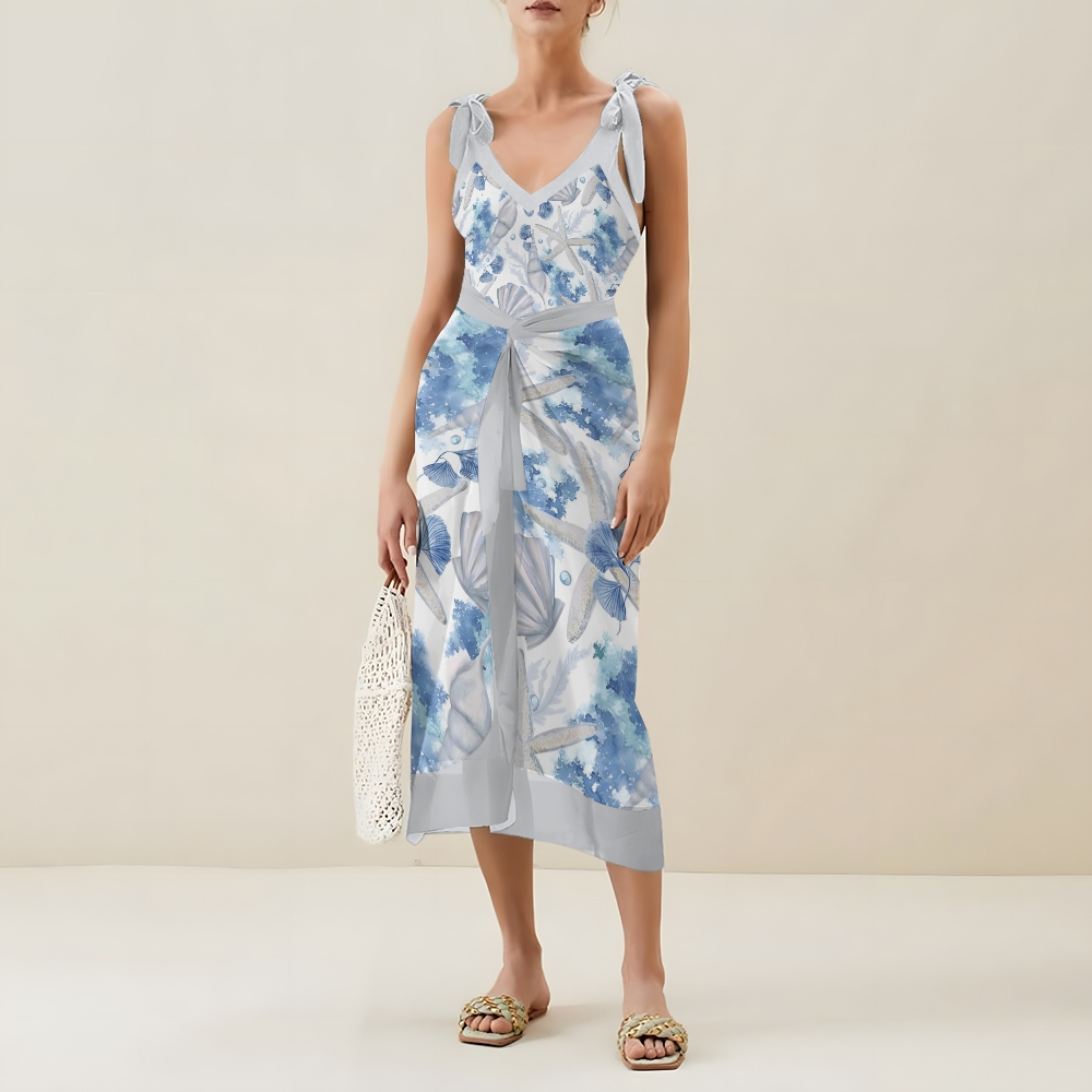 Women’s Ocean-Themed Swimsuit & Wrap Skirt Set with Seashell and Starfish Print