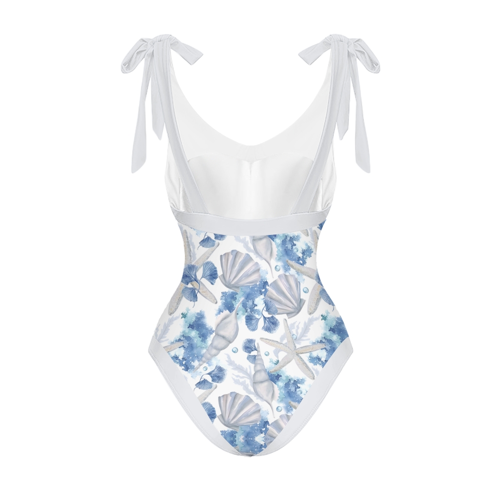 Women’s Ocean-Themed Swimsuit & Wrap Skirt Set with Seashell and Starfish Print