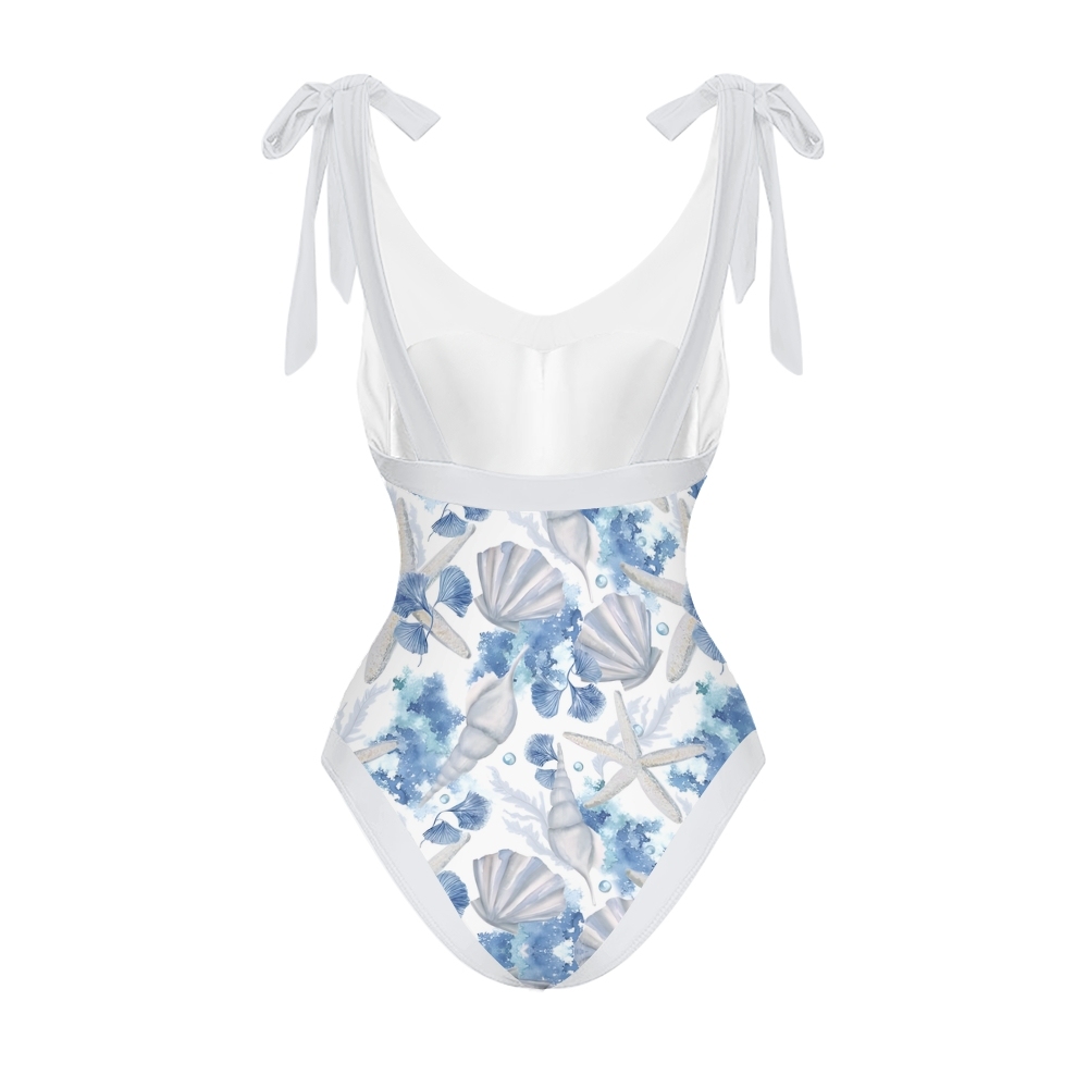 Women’s Ocean-Themed Swimsuit & Wrap Skirt Set with Seashell and Starfish Print
