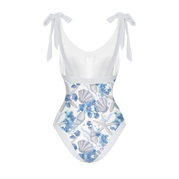 Women’s Ocean-Themed Swimsuit & Wrap Skirt Set with Seashell and Starfish Print
