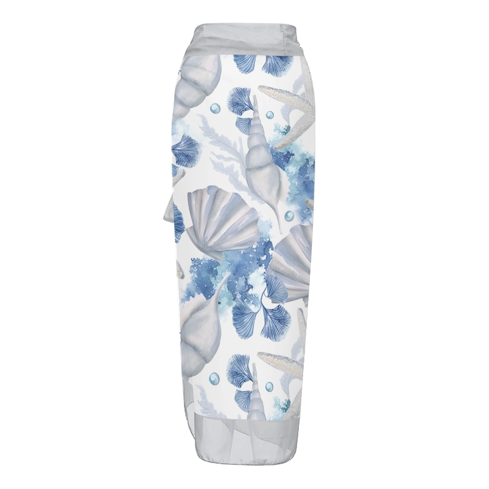 Women’s Ocean-Themed Swimsuit & Wrap Skirt Set with Seashell and Starfish Print