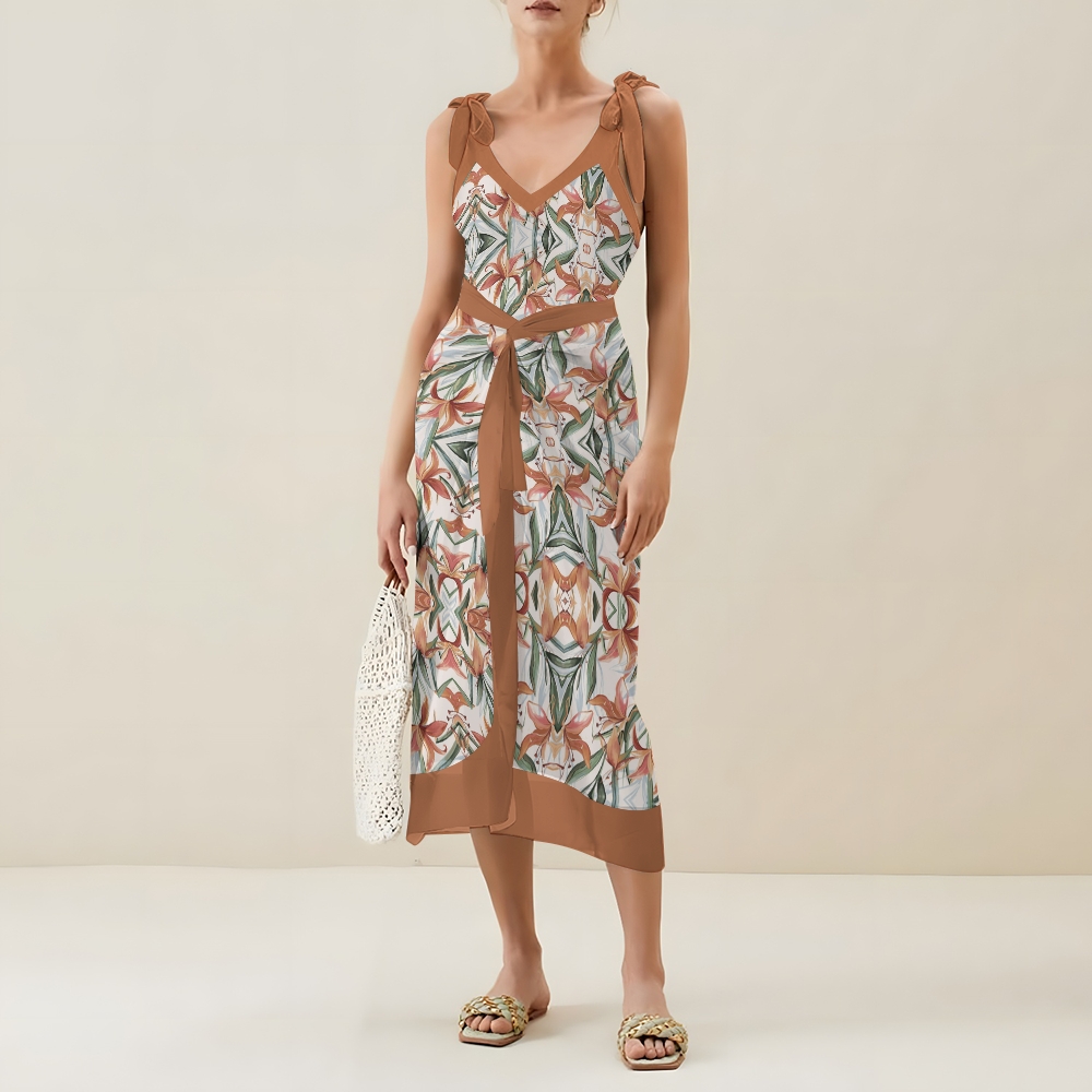 Women’s Floral Swimsuit & Wrap Skirt Set with Orange Lily Print and Rust Trim