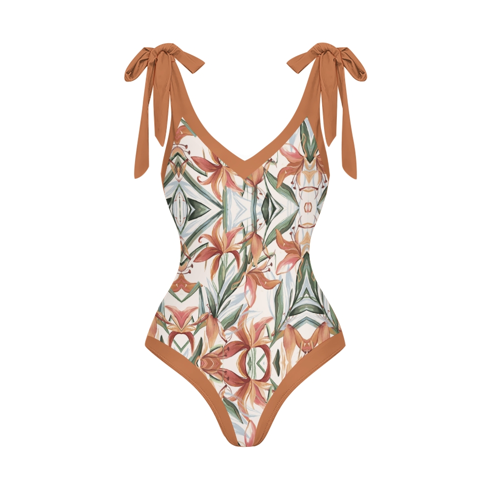 Women’s Floral Swimsuit & Wrap Skirt Set with Orange Lily Print and Rust Trim