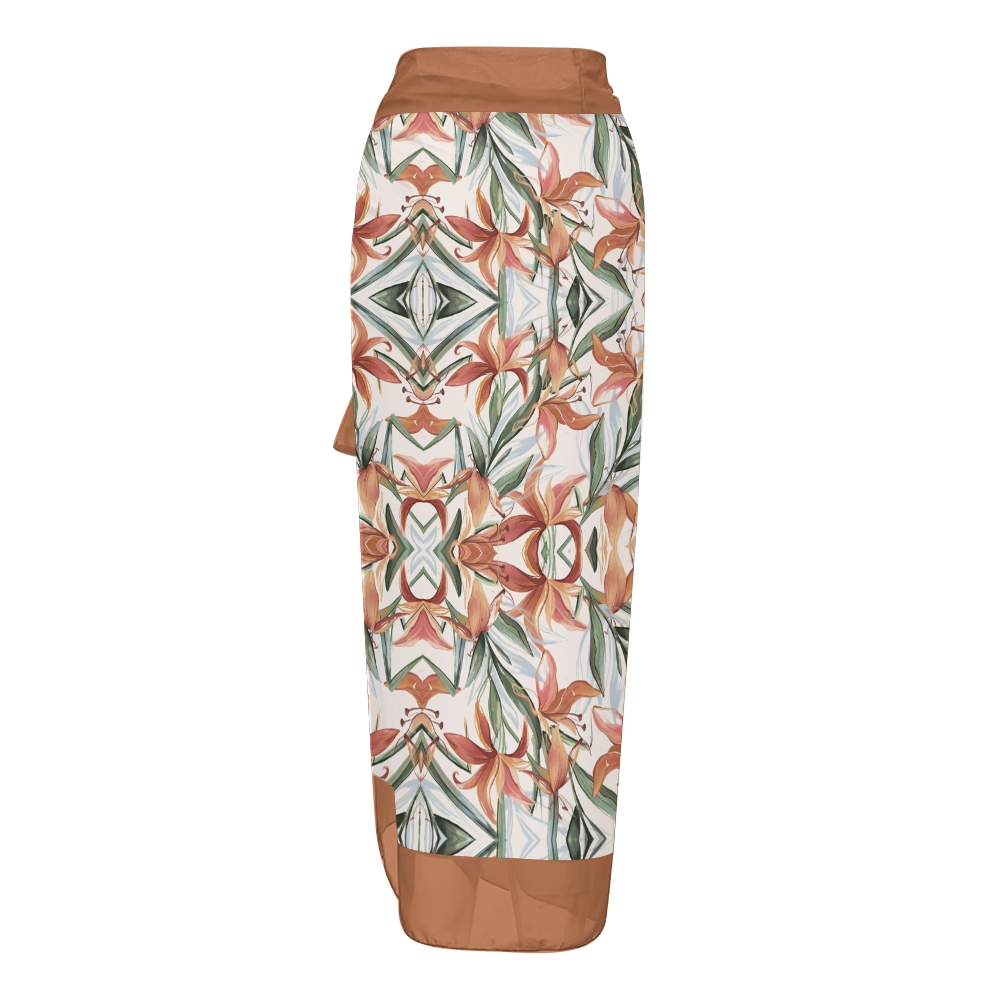 Women’s Floral Swimsuit & Wrap Skirt Set with Orange Lily Print and Rust Trim