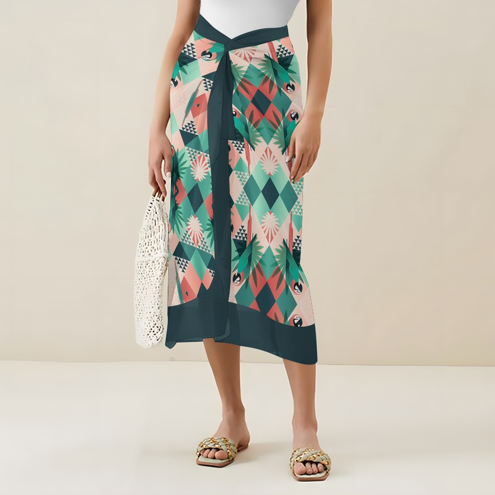 Women’s Tropical Print Swimsuit & Wrap Skirt Set with Parrot and Leaf Motif