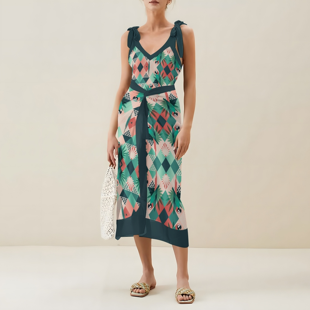 Women’s Tropical Print Swimsuit & Wrap Skirt Set with Parrot and Leaf Motif