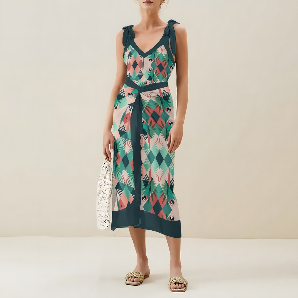 Women’s Tropical Print Swimsuit & Wrap Skirt Set with Parrot and Leaf Motif