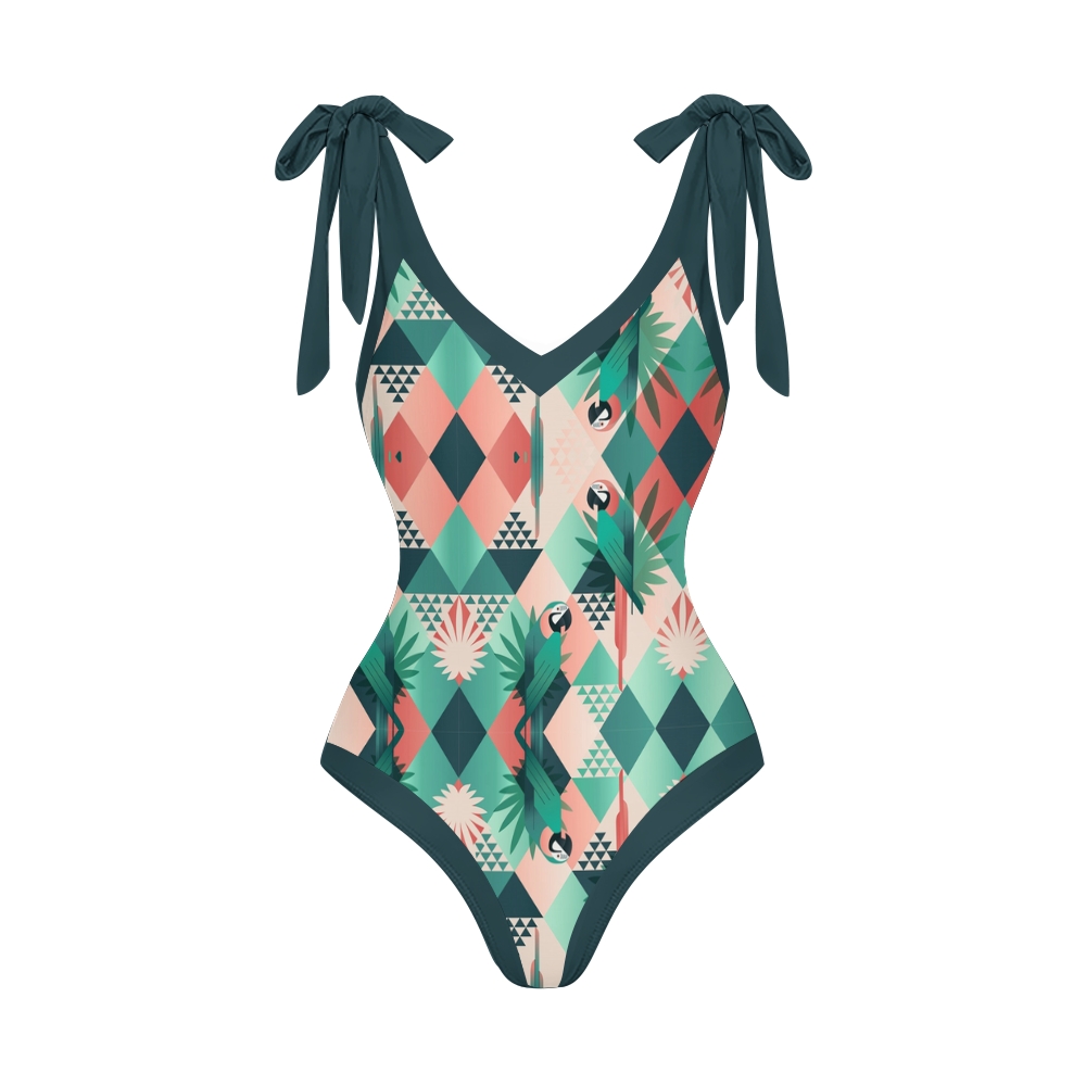 Women’s Tropical Print Swimsuit & Wrap Skirt Set with Parrot and Leaf Motif