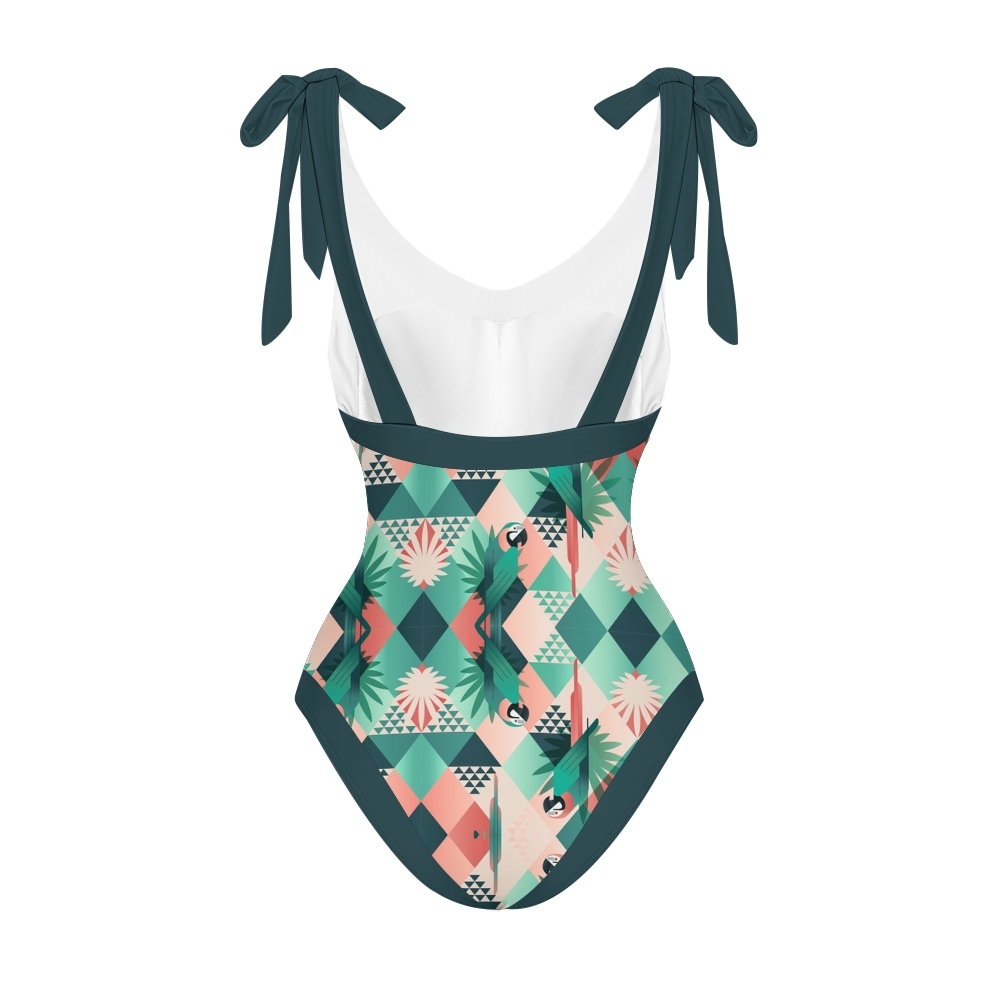 Women’s Tropical Print Swimsuit & Wrap Skirt Set with Parrot and Leaf Motif