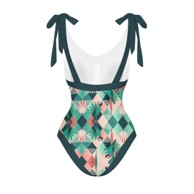 Women’s Tropical Print Swimsuit & Wrap Skirt Set with Parrot and Leaf Motif