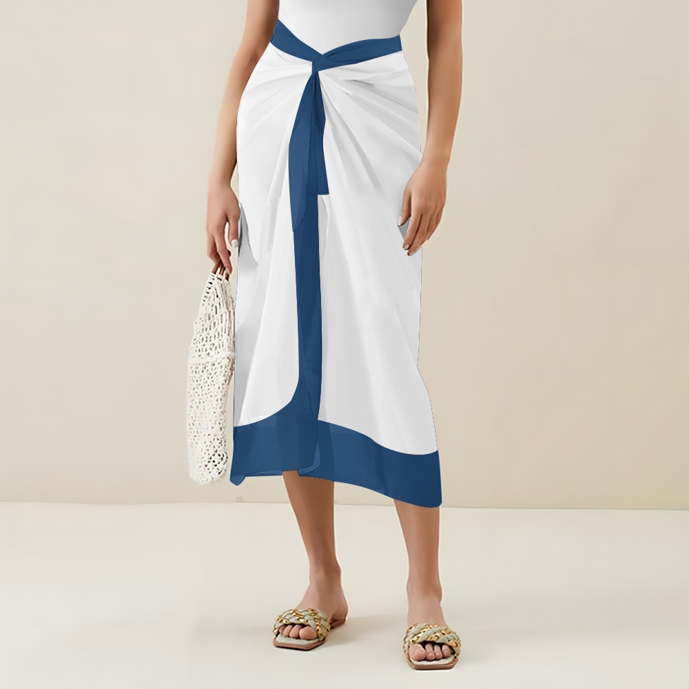 Women’s Blue Rose Swimsuit & Wrap Skirt Set with Deep V Neck and Bow Straps