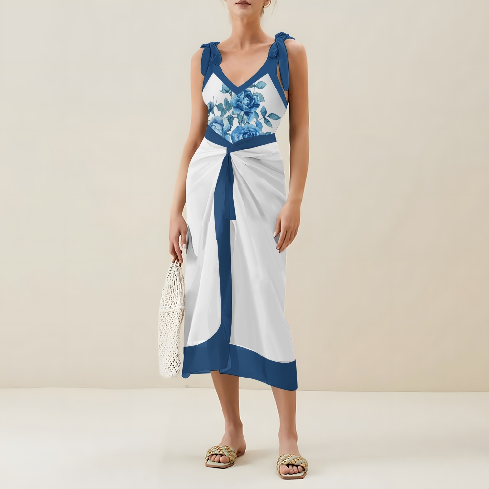 Women’s Blue Rose Swimsuit & Wrap Skirt Set with Deep V Neck and Bow Straps