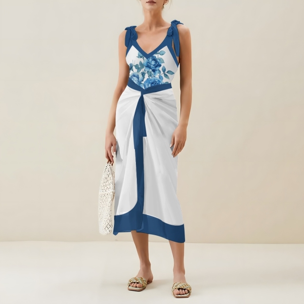 Women’s Blue Rose Swimsuit & Wrap Skirt Set with Deep V Neck and Bow Straps