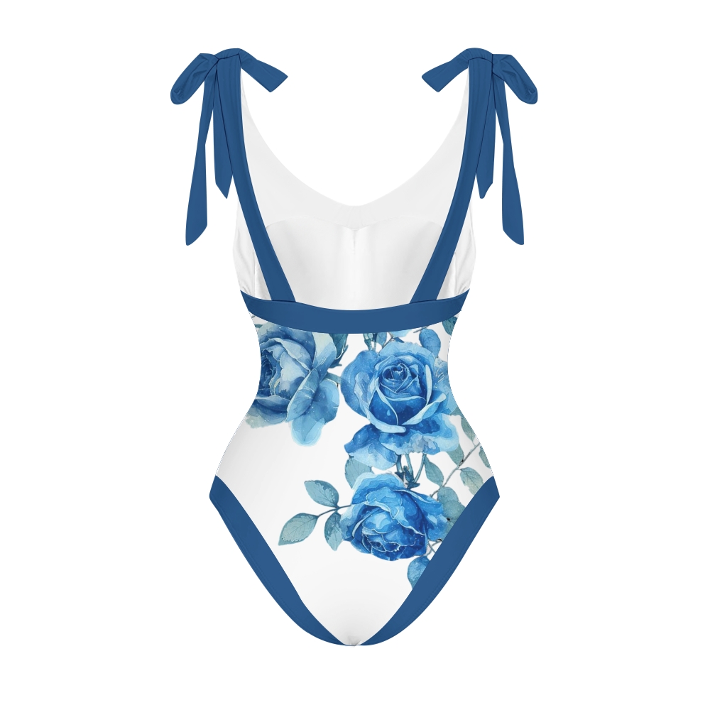 Women’s Blue Rose Swimsuit & Wrap Skirt Set with Deep V Neck and Bow Straps
