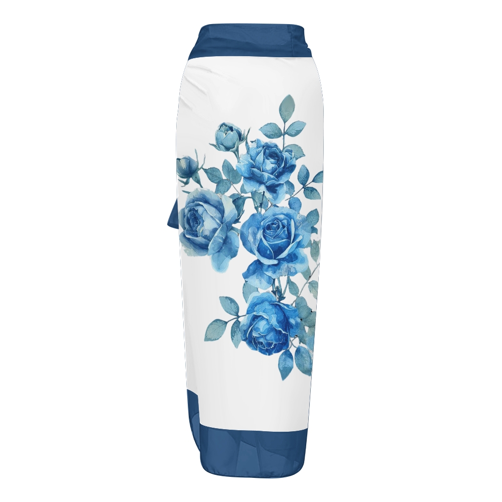 Women’s Blue Rose Swimsuit & Wrap Skirt Set with Deep V Neck and Bow Straps